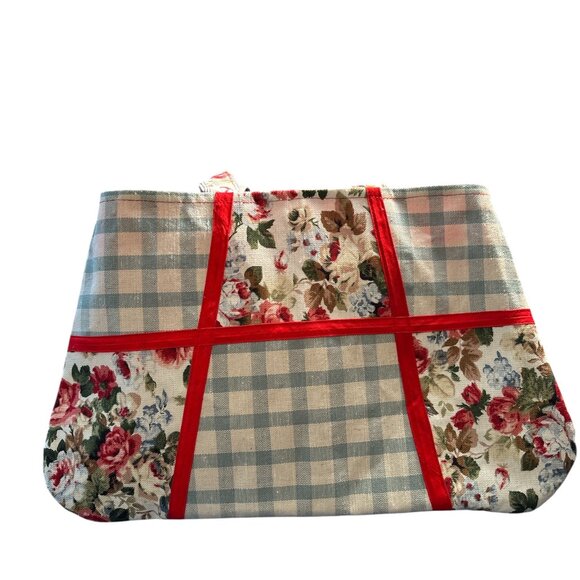 Handmade Color Block Purse Tote Red Blue Flowers Plaid - Picture 2 of 6